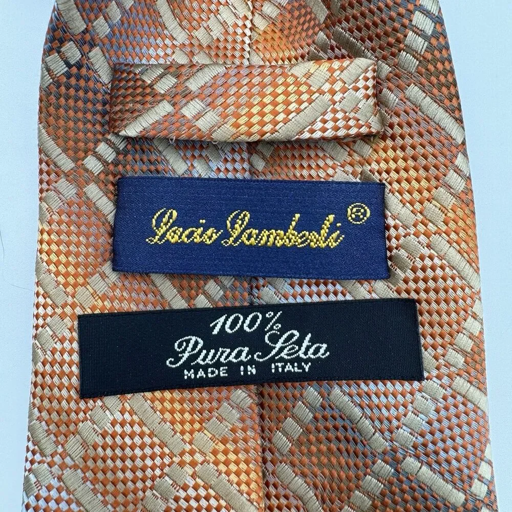Lucio Lamberti 100% Pura Seta Silk Tie Made in Italy Orange Geometric Plaid 3.75